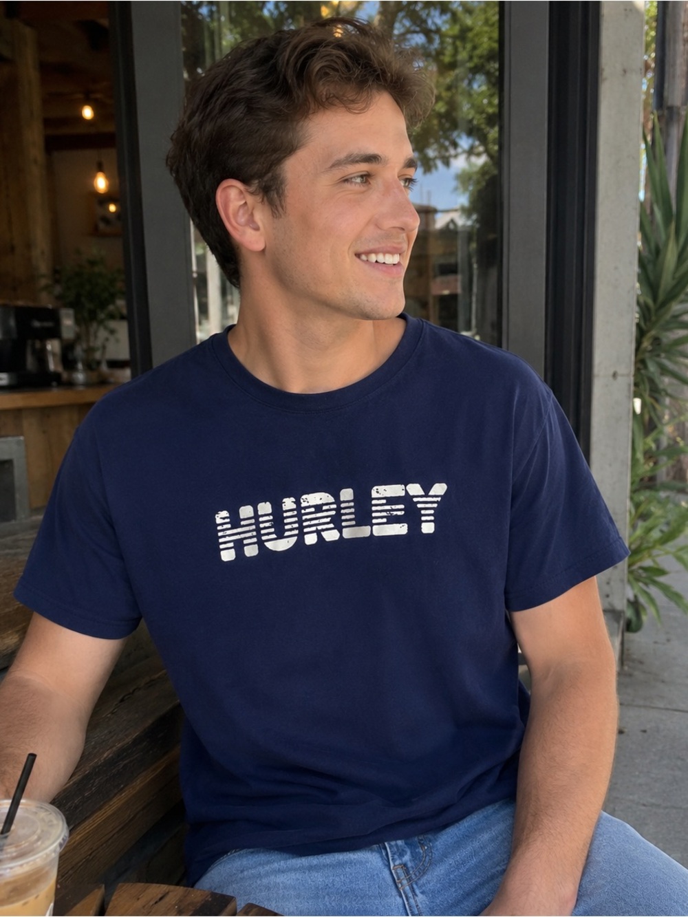 Hurley Men’s Dark Blue Tee with White Logo, Size M